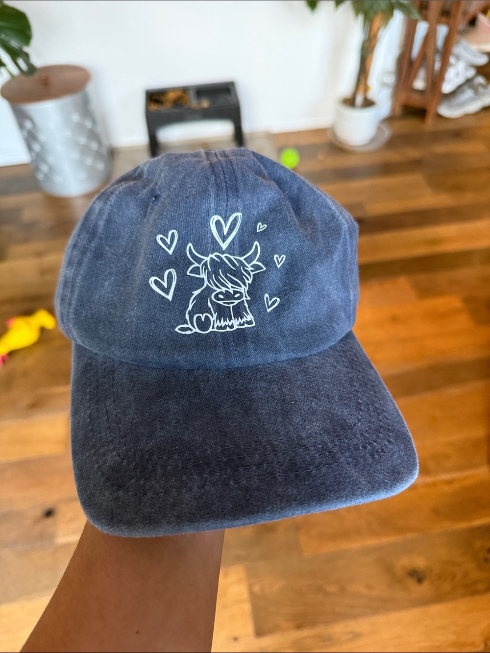Navy Blue Graphic Baseball Cap with Heart Cow Motif